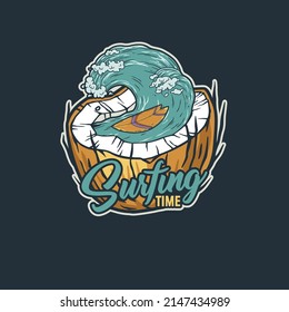 Cocina con olas y surf para la impresión de verano. Diseño de surf hawaiano para tiempo de surf