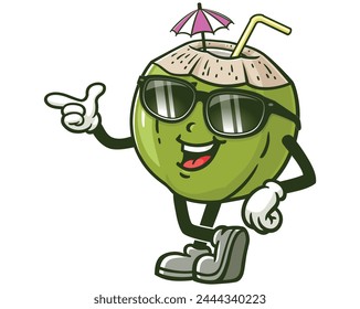 Coconut wearing sunglasses cartoon mascot illustration character vector clip art hand drawn