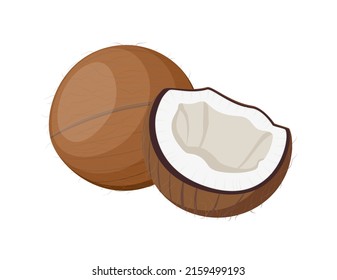 Medio partido de coco entero, ilustración vectorial de estilo plano aislada en fondo blanco