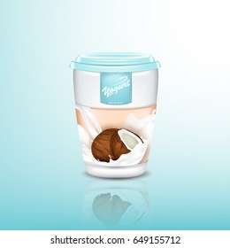 Coconut yogurt cup illustration, isolated light blue background, 3d vector illustration.