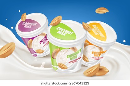 Coconut yogurt packaging mock up with peanut and milk splashing isolated on white background. Realistic vector in 3D illustration. Food and drink concepts.