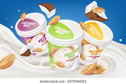 Coconut yogurt packaging mock up with peanut and milk splashing isolated on white background. Realistic vector in 3D illustration. Food and drink concepts.