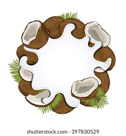 coconut with yogurt splash isolated on white background. Composition vector coconut for design packaging of coconut yogurt. Close up coconut yogurt splash with green leaves. Fruit milk splash