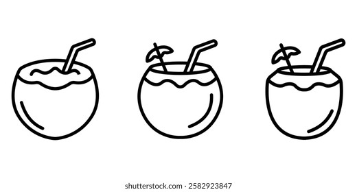 coconut-drink outline or line icon design bundle.