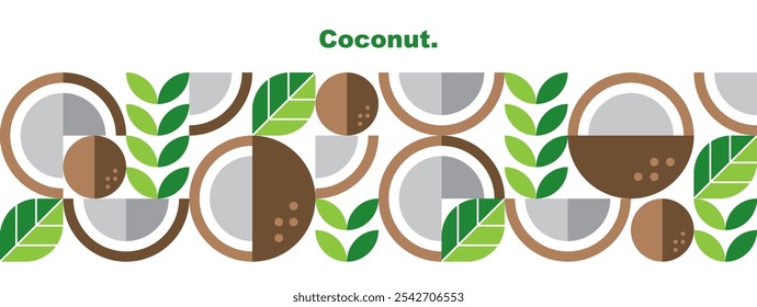 Coconut.Nuts, halves and leaves.Abstract geometric design.Set of icons in simple flat style.Elements isolated on a white background.Seamless pattern and border.Organic food.Vector illustration.