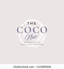 The Coconuts Abstract Vector Sign, Symbol or Logo Template. Elegant Hand Drawn Coconut Half with Retro Typography. Vintage Luxury Emblem. Isolated.