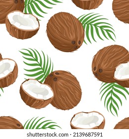 Coconuts background. Seamless vector pattern with whole and halves of coconut and green palm leaves. Cartoon flat illustration.