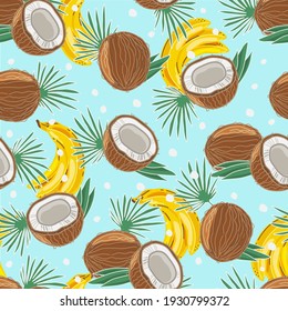 Cocos y plátanos coloridos y sin costuras. Fondo vectorial. Los objetos están aislados.