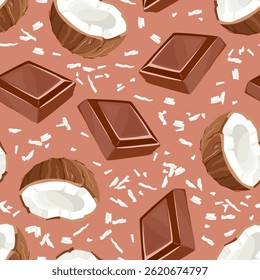 Cocos, pedaços de chocolate e flocos de coco sobre fundo marrom. Padrão sem emenda do vetor. Ilustração em formato de desenho animado.