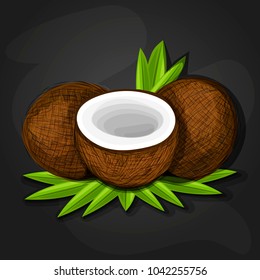 Coconuts with cocktail, coconut cake, coconut milk ice cream, handmade coconut oil. Vector illustration with doodle style.