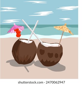 coconuts cocktail with straws and a small umbrella on the beach