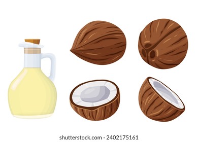 Coconuts and coconut half with leaves isolated on a white background. Vector illustration cartoon flat coconut icon isolated on white background.	