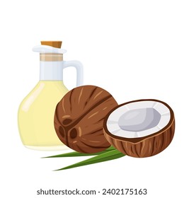 Cocoteros y mitad de coco con hojas aisladas en un fondo blanco. Icono de coco plano de ilustración vectorial aislado en fondo blanco.	