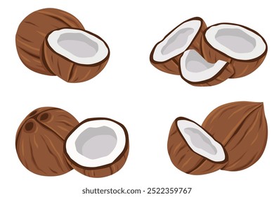 Coconuts and coconut half with leaves isolated on a white background. Vector illustration cartoon flat coconut icon isolated on white background.	