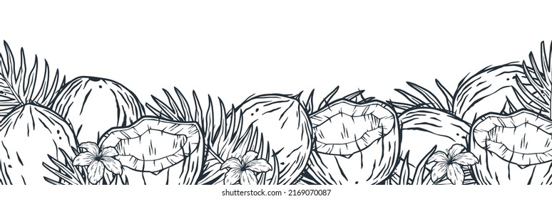 Coconuts frame. Summer tropical fruits outline design element