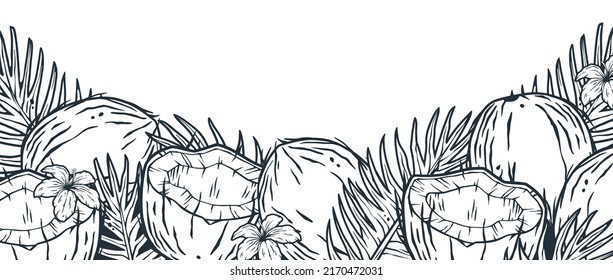 Coconuts frame. Summer tropical fruits outline design element