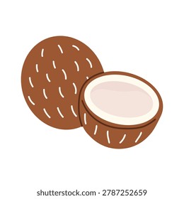 Coconuts fruit cartoon style. Fresh whole coconut, half nut, tropical summer fruit, healthy food concept. Vector flat illustration isolated on white background.