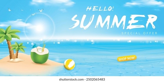 Coconuts fruit fresh, beach umbrella, 
summer holiday, coconut tree, pile of sand, on island beach background and blue sky and sea with the sunlight, vector illustration