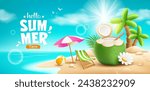 Coconuts fruit fresh and flower, beach umbrella, beach bed, summer holiday, coconut tree, pile of sand, on island beach background, EPS 10 vector illustration

