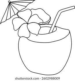 Coconuts fruit fresh and flower outline illustration, isolated on white background. Kids coloring page