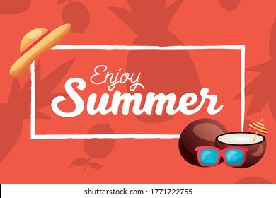 coconuts glasses and hat frame design, Summer vacation and tropical theme Vector illustration