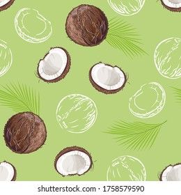 Coconuts and green leaves on green background. Vector illustration in cartoon flat style. Seamless pattern.