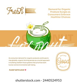 Coconuts hand drawn exotic tropical fruit vector post, flyer and label. Modern typography banner with hand drawn coconuts isolated. Natural organic fruit product and health care goods.