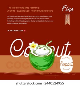 Vector de frutas tropicales exóticas dibujadas a mano de cocos post, volante y etiqueta. Banner de tipografía moderna con cocos dibujados a mano aislados. Producto natural de frutas orgánicas y productos de salud.