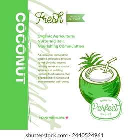 Coconuts hand drawn exotic tropical fruit vector post, flyer and label. Modern typography banner with hand drawn coconuts isolated. Natural organic fruit product and health care goods.