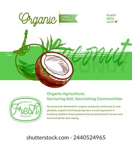 Coconuts hand drawn exotic tropical fruit vector post, flyer and label. Modern typography banner with hand drawn coconuts isolated. Natural organic fruit product and health care goods.