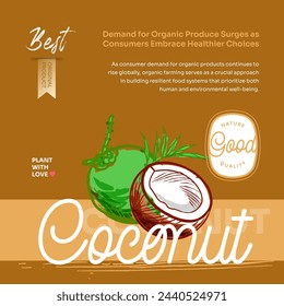 Vector de frutas tropicales exóticas dibujadas a mano de cocos post, volante y etiqueta. Banner de tipografía moderna con cocos dibujados a mano aislados. Producto natural de frutas orgánicas y productos de salud.