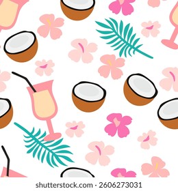 Coconuts and Hibiscus Flowers Seamless pattern background ideal for wrapping paper, fabric, textile etc.