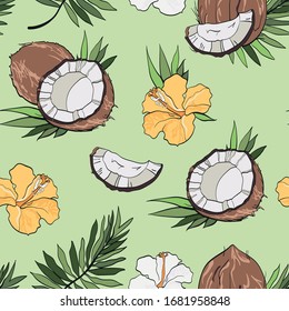 Coconuts and hibiscus on a green background