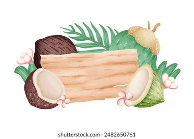 Elementos de acuarela de cocos, hojas y flores aislados sobre fondo blanco. Ilustración vectorial.