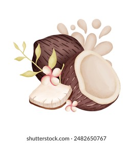 coconuts, leaves and flowers watercolor elements isolated on white background. Vector illustration.