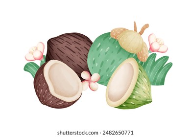 Elementos de acuarela de cocos, hojas y flores aislados sobre fondo blanco. Ilustración vectorial.