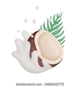 coconuts, leaves and flowers watercolor elements isolated on white background. Vector illustration.