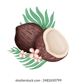 coconuts, leaves and flowers watercolor elements isolated on white background. Vector illustration.