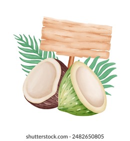 coconuts, leaves and flowers watercolor elements isolated on white background. Vector illustration.