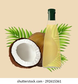 Coconuts oil with coconut and leaves  vector