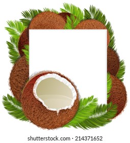 Coconuts and palm branches with place for text 