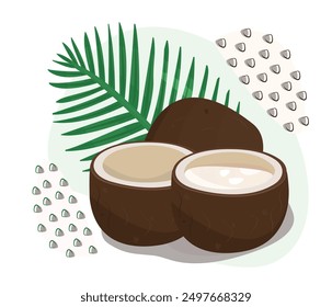 Coconuts with a palm leaf and decorative memphis style elements, vector colorful illustration