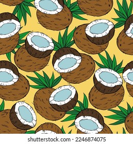 Coconuts y hojas de palma dibujaron a mano el dibujo de lino vectorial de la ilustración de patrón sin fisuras.