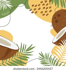 Coconuts with palm leaves on an abstract background. Organic, natural product. Postcard, banner, poster, sticker, print, advertising material. Vector illustration.