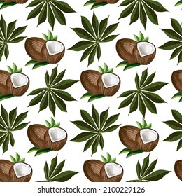 Coconuts and palm leaves in a pattern.Vector colored pattern of coconuts and palm leaves on a transparent background.