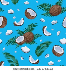 Coconuts and palm leaves seamless pattern. Whole coconuts, halves and pieces of coconuts on a blue background. Summer tropical fruits background vector illustration.