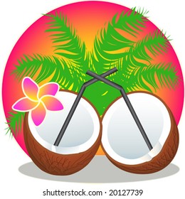 Coconuts and palm leaves. Vector illustration. Tropical logo.