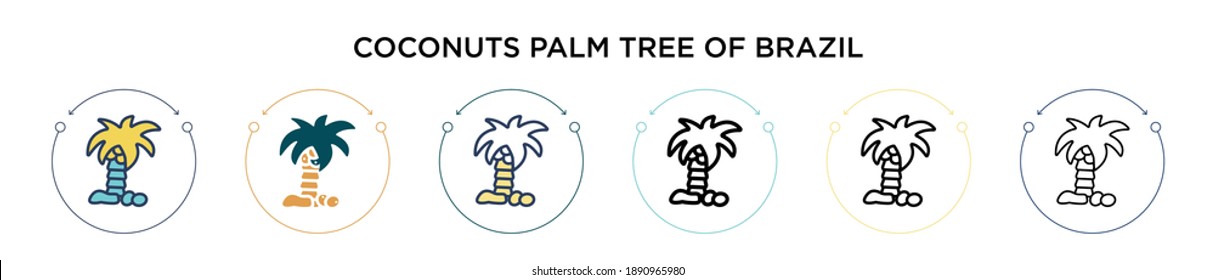Cocos palmera de icono de brasil en línea fina, contorno y estilo de trazo. Ilustración vectorial de dos cocos de color y negro palmera de los iconos vectoriales brasil se puede utilizar para