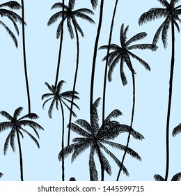 Coconuts palms on beach seamless pattern.  Natural pastel blue background. Hawaiian beach swimwear texture. Vector illustration background.