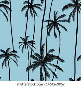 Coconuts palms on beach seamless pattern.  Abstract pastel blue background. Hawaiian beach swimwear texture. Vector illustration background.